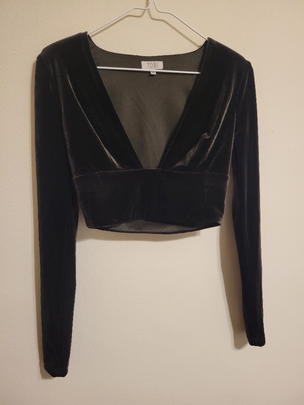 Tobi Black Velvet Long Sleeve Crop Top with V-Neck
